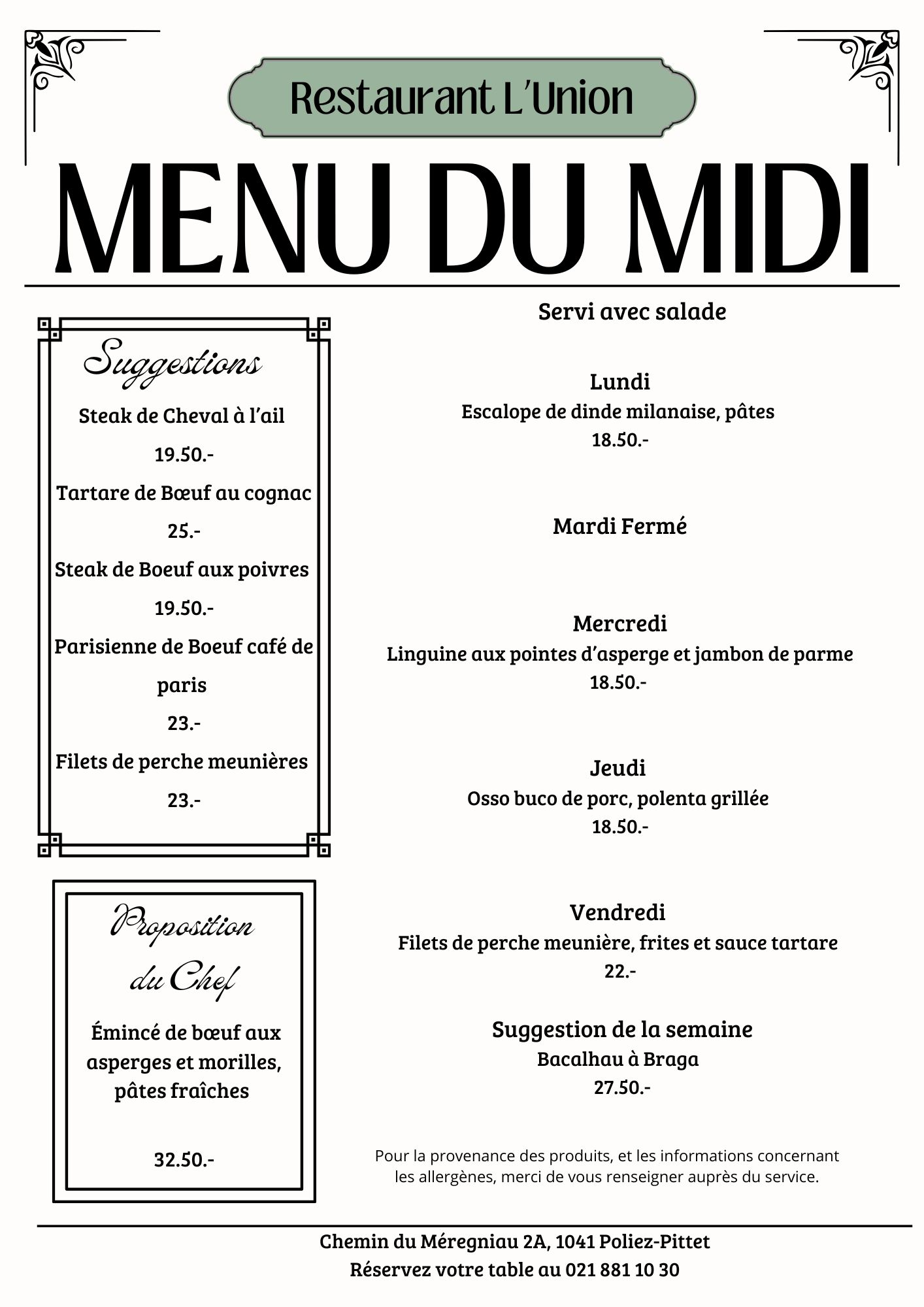 Menu du midi - 18 au 24 mai