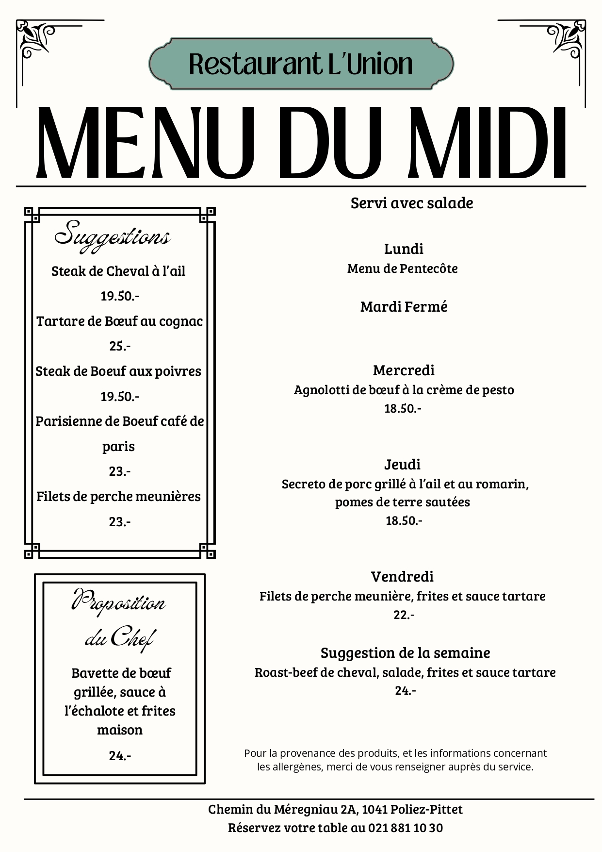 Menu du midi - semaine de 25 au 29 mai